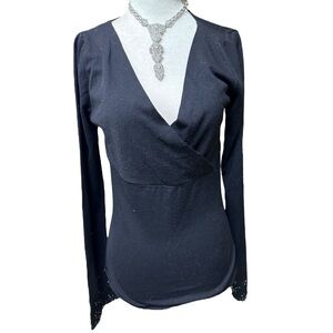 Elegant Black Wool Blend Faux Wrap Beaded Cuff Top M